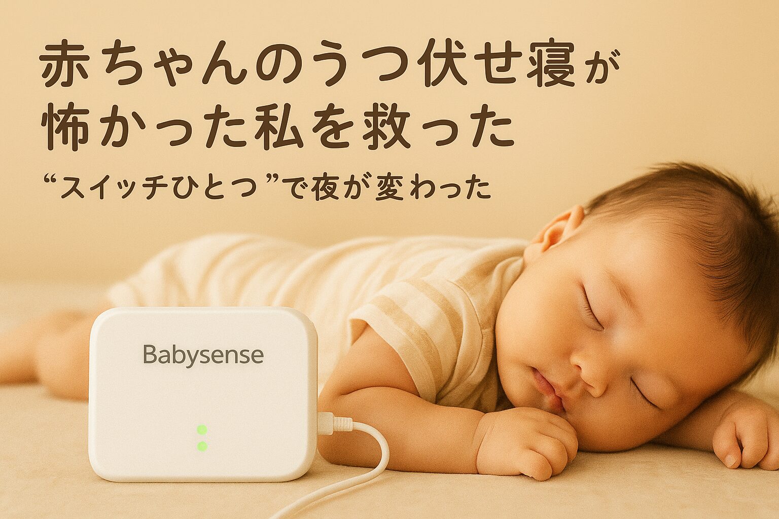 「ベビーセンスホームを使ってうつ伏せ寝の赤ちゃんを安心して見守る様子」