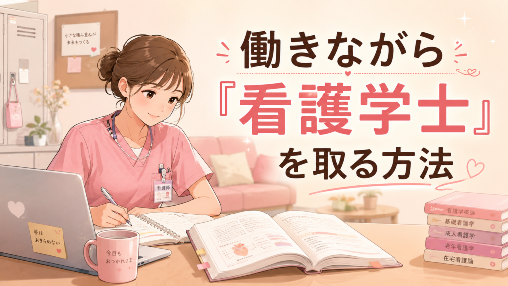 働きながら学位授与機構で看護学士取得を目指す看護師のイラスト