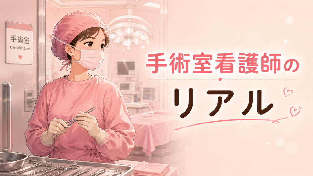 手術室で器械を準備する女性看護師のイラスト。手術室看護師の仕事内容や現場のリアルな雰囲気を表現。
